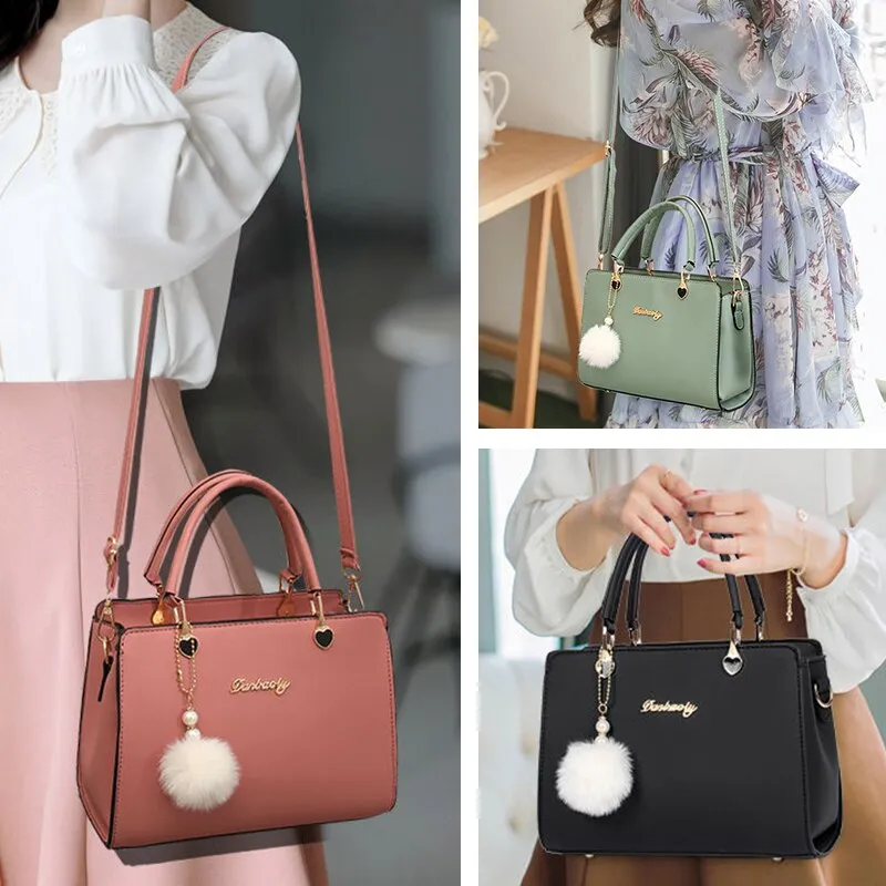 Women-Plush-Ball-Decor-Handbag-Fashion-Satchel-Bag-Stylish-Purse-and-Tote-Bag-PU-Leather-Top-2